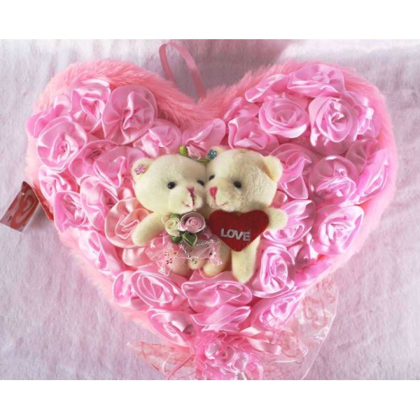 Pink Satin Roses Plush Heart with Love Couple Teddy Bears